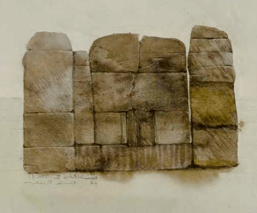 Kunstvolle Entfernung“ aus der Serie Frühe Arbeiten. Zeichnerische Darstellung einer blockartigen, mauerähnlichen Struktur aus unregelmäßigen rechteckigen Formen in erdigen Braun- und Beigetönen auf hellem Hintergrund.